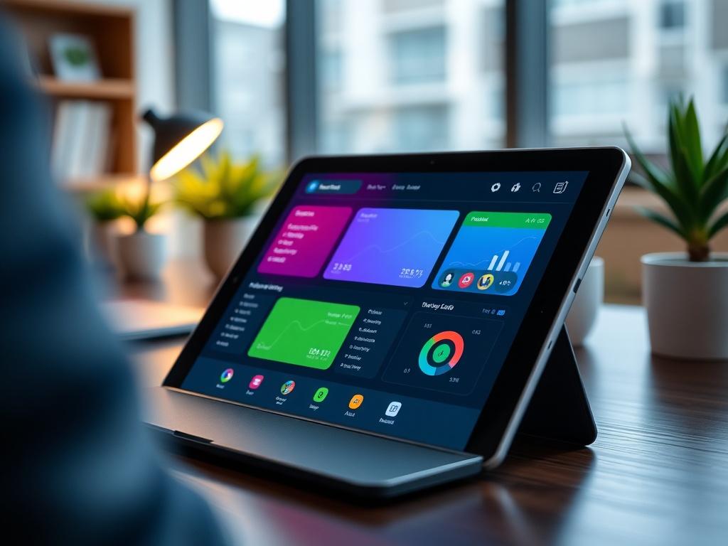 A close-up shot of a modern tablet displaying a user-friendly property management system interface, with vibrant colors and clear graphics. The background is softly blurred to emphasize the tablet, showcasing a sleek and stylish workspace with minimalistic design elements. The image should evoke a sense of innovation and efficiency, shot with a 45mm f/1.2 lens style, compatible with the rgb(50, 170, 39) primary color.