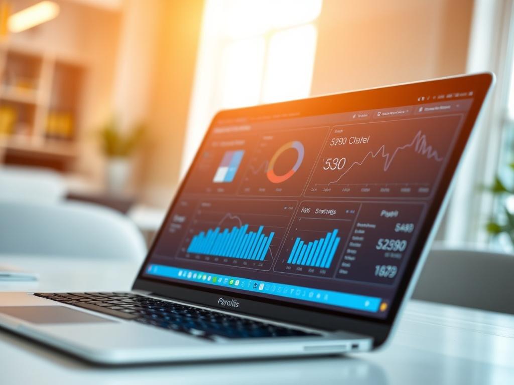 Create a hyper-realistic close-up shot of a sleek, modern payroll management software interface displayed on a laptop screen. The screen should show detailed graphs and metrics related to payroll processing, with a blurred office background to emphasize professionalism. The lighting should be bright and inviting, capturing the essence of efficiency and technology. The image should reflect an RGB color scheme of (50, 170, 39) to align with the brand's primary color.