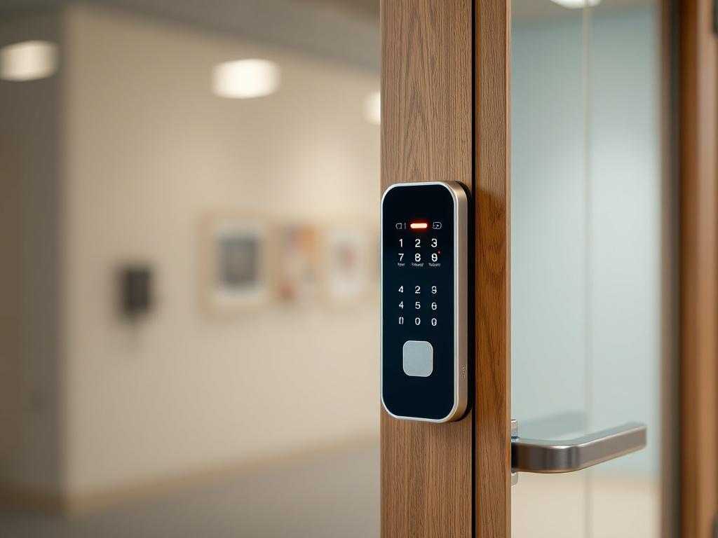 A close-up shot of a sleek and modern card-operated door access control system installed on a sturdy door. The image should focus on the access panel, showing a card reader with a glowing light indicating readiness for use. The background should be softly blurred, emphasizing the technology while suggesting a secure and professional environment. The color scheme should incorporate the rgb(50, 170, 39) for a cohesive look.