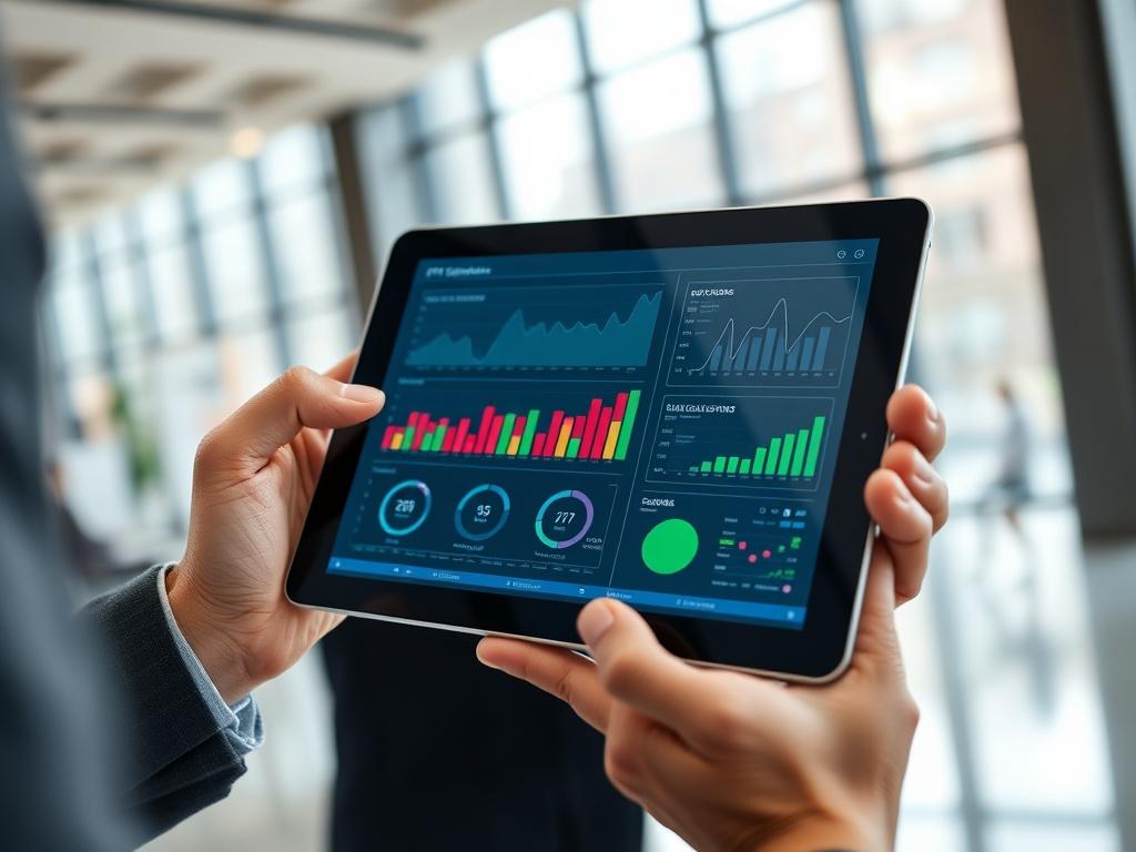 A close-up shot of a business professional analyzing data on a sleek tablet device in a modern office environment. The focus is on the tablet screen displaying colorful graphs and charts, symbolizing ERP software functionality. The background is softly blurred, showcasing an elegant office setup with natural light filtering through large windows. The overall color scheme is compatible with rgb(50, 170, 39), creating a fresh and vibrant feel.