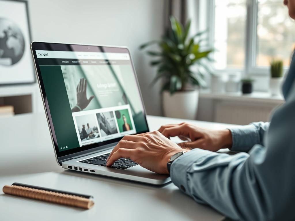 Create a high-resolution photo of a professional web designer working on a sleek laptop, focused intently on the screen, showcasing an elegant website design in progress. The setting should be a modern office with soft natural light, a clean desk, and minimalistic decor. The primary color theme of green (rgb(50, 170, 39)) should subtly reflect in the elements on the desk, such as a green plant or a notebook. The composition should be a close-up shot, capturing the designer's hands and the laptop screen, emp