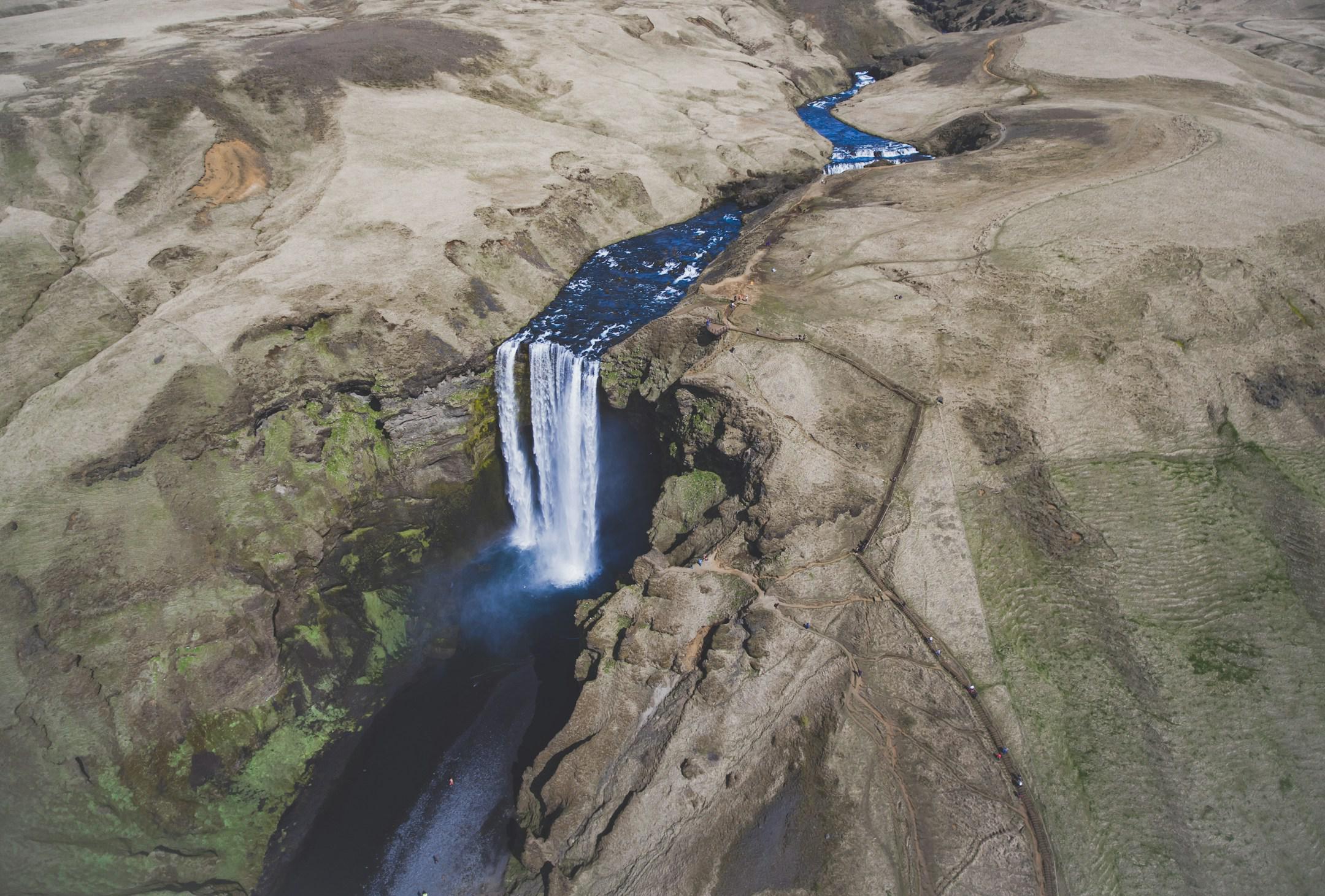 Skogafoss waterfall from above, Iceland. Copyright Botos Photos 2016.