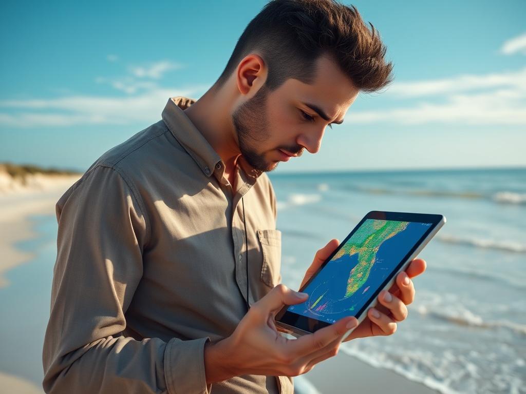 **AI Image Generation Prompt:**
Create a realistic high-resolution photo showcasing a GIS (Geographic Information System) professional analyzing coastal geospatial data on a digital tablet while standing on a picturesque Florida coastline. The subject should be a focused individual wearing a professional attire, deeply engaged in examining the tablet with a backdrop of gently lapping waves and sandy shores, illustrating the connection between technology and the environment.
Position the subject slightly o