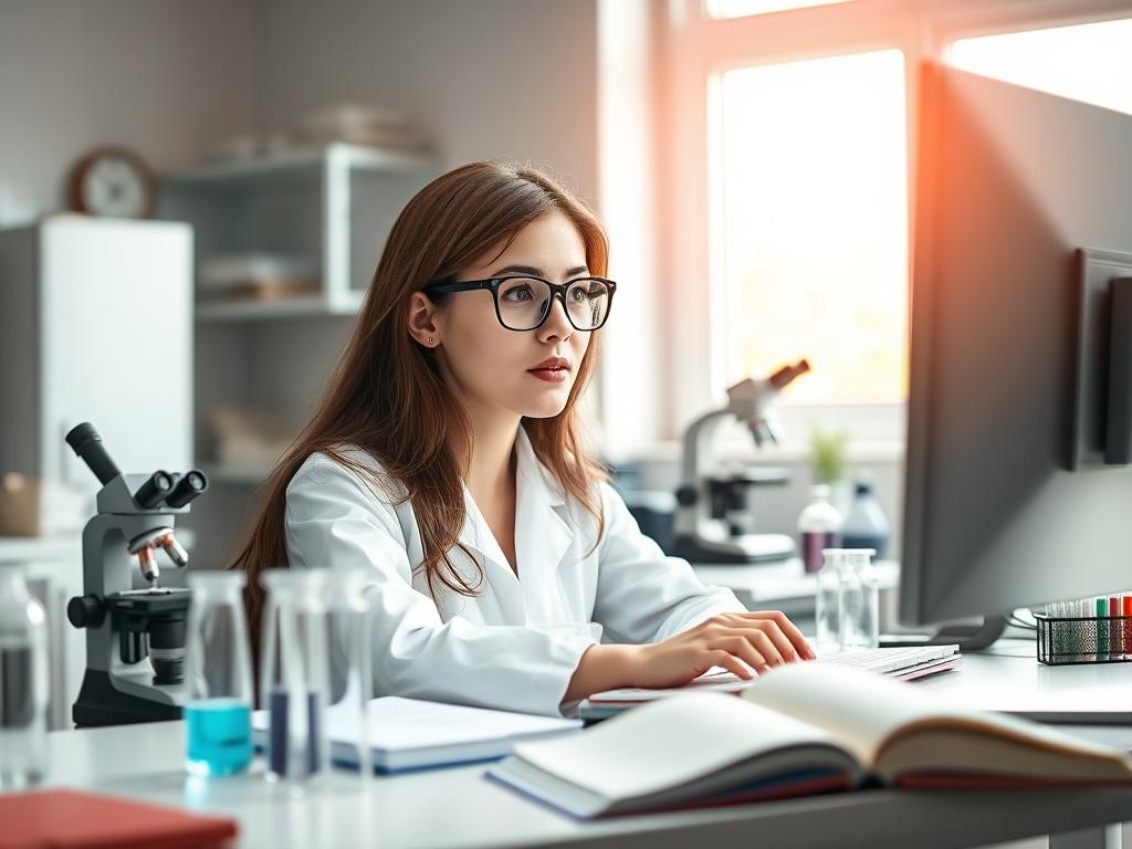 Create a hyper-realistic high-resolution image of a young woman scientist working intently at a desktop computer. The composition should be simple and clear, featuring only her as the main subject. She is seated at a modern, well-organized desk, surrounded by scientific equipment like test tubes, a microscope, and a few open books. The backdrop is a bright, well-lit laboratory setting, with soft natural light streaming in through a nearby window. The colors should be vibrant and realistic, with a focus on t