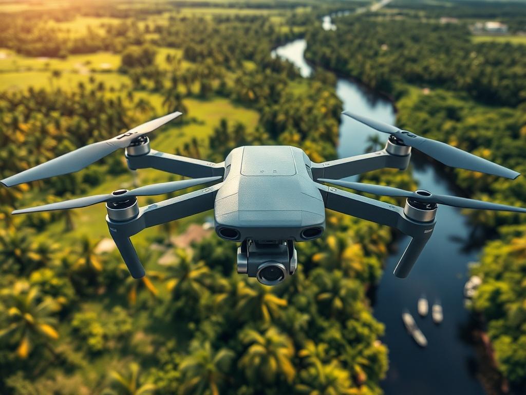 **AI Image Generation Prompt:**

Create a realistic high-resolution photograph that captures the essence of aerial mapping in Florida. The main subject should be a close-up of a drone equipped with a high-resolution camera, hovering over a lush Florida landscape. Ensure the drone's details are crisp and in focus, emphasizing its technology and design. 

In the background, showcase a vibrant tropical landscape featuring palm trees, a winding river, and patches of beautiful greenery typical of Florida's terra