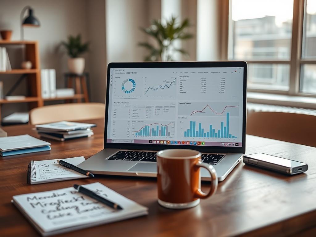 Create a realistic high-resolution photo that captures the essence of project management challenges in a professional setting. The composition should be simple and clear, focusing on a single subject: a thoughtfully arranged desk with a laptop open to a project management software interface showing charts and timelines. The background should be softly blurred to emphasize the desk and laptop, featuring a warm, inviting office environment with a large window letting in natural light. A notepad with handwritt