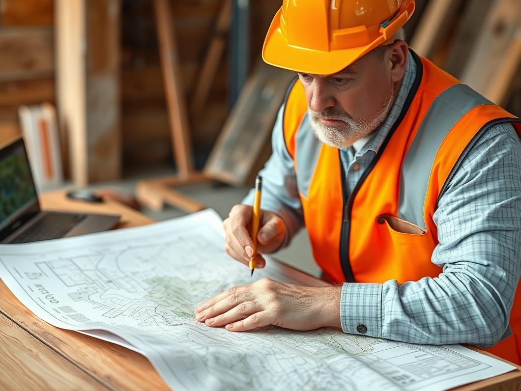 Create a realistic high-resolution photo featuring a focused and concerned surveyor examining a detailed topographical map at a worksite. The subject should be a middle-aged Caucasian man, dressed in a safety vest, hard hat, and work boots, intently reviewing the map with a furrowed brow. His left hand is holding the map flat on a wooden table, while his right hand is poised with a pencil, indicating he's actively engaged in marking important areas.

The background should be softly blurred to emphasize the 