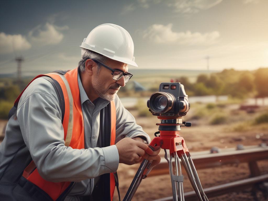 Create a realistic, high-resolution close-up photo of a surveyor in action, captured with the look of a 45mm f/1.2 lens. The single subject is a professional surveyor, focused and precise, holding a modern digital surveying instrument in their hands. The surveyor wears a safety vest and a hard hat, embodying expertise and dedication. The background is softly blurred with subtle natural tones in shades compatible with rgb(16, 67, 115), suggesting an outdoor environment where traditional and digital mapping c