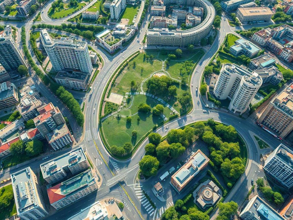 Create a highly detailed, realistic high-resolution photo that visually represents the concept of aerial maps providing insights that traditional plans miss. The image should feature a single, striking subject: an aerial view of a vibrant urban landscape, showcasing a mix of meticulously designed buildings, green spaces, and winding streets. 

The composition should be simple and clear, with a well-defined focal point in the foreground—a large, intricately detailed map overlay that mimics the style of an ae