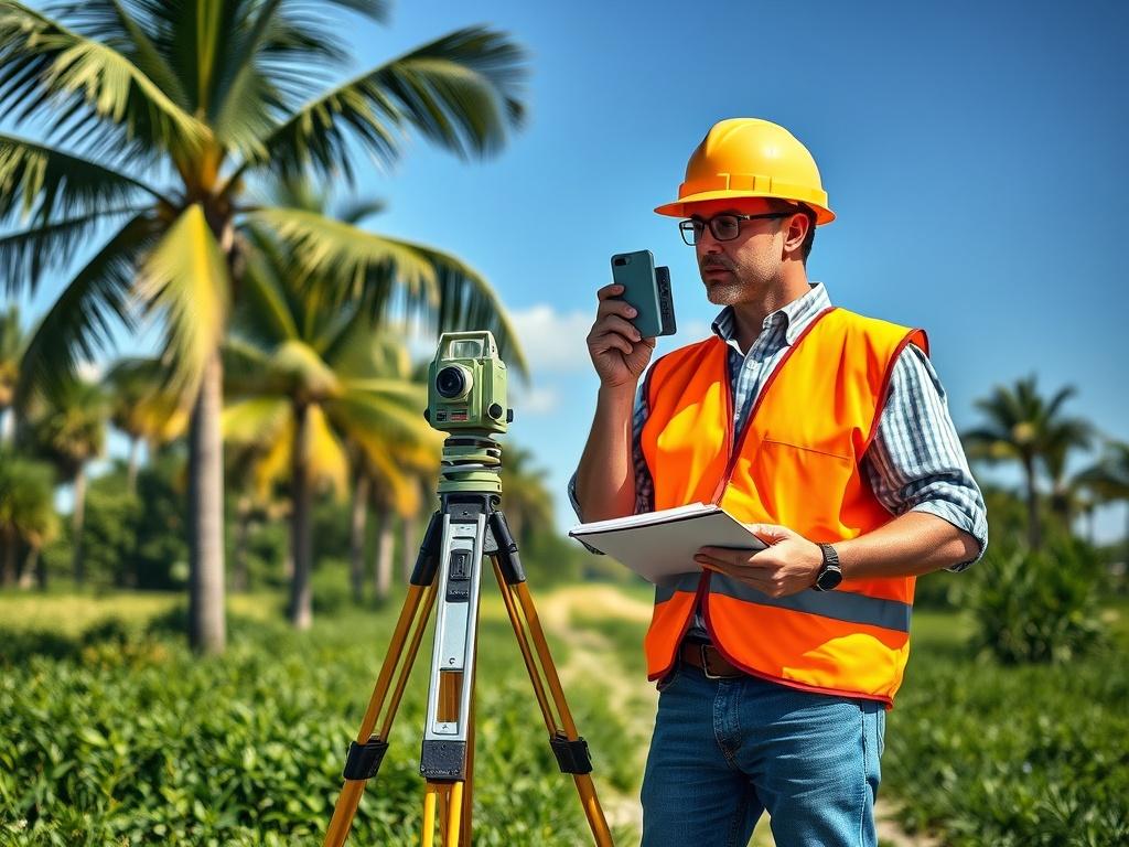 Create a highly realistic high-resolution image of a professional surveyor standing in a picturesque Florida landscape. The surveyor should be the sole subject in the frame, depicted actively using a surveying instrument such as a total station or a level. Dress the surveyor in professional attire, wearing a bright safety vest, a hard hat, and holding a clipboard with survey notes.

In the background, capture the essence of the Florida environment: showcase lush greenery, mature palm trees, and perhaps a cl