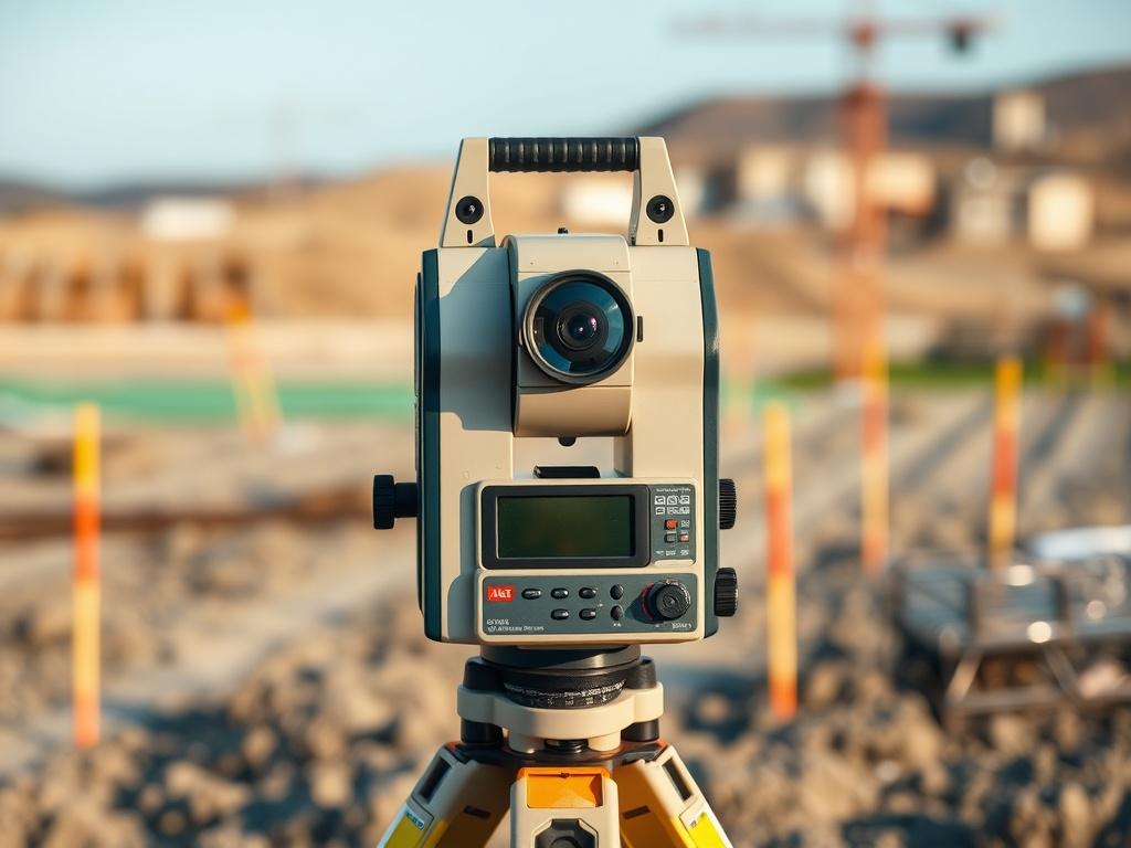 **AI Image Generation Prompt:**

Create a realistic high-resolution close-up photograph focusing on a single surveying tool, specifically a modern electronic theodolite. The tool should be positioned prominently in the center of the frame, displaying intricate details such as its digital screen, leveling bubble, and finely calibrated knobs. The background should consist of a blurred landscape of a construction site, featuring undeveloped land with survey stakes placed in the ground, hinting at active land a