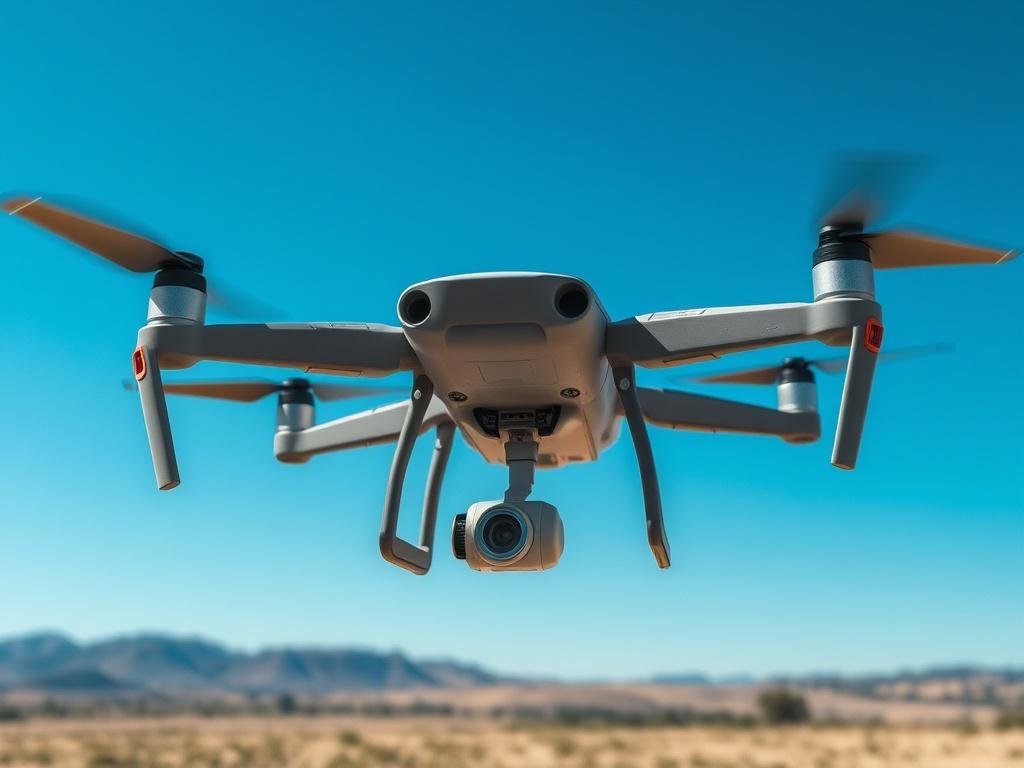 Create a realistic high-resolution photo of a mapping drone located in an open outdoor environment, focusing on a close-up shot that emphasizes the drone's intricate details and technology. The composition should center the drone as the sole subject against a clear blue sky, showcasing its propellers and sensors for added realism. The drone should show signs of having recently been used, with slight wear on its body, suggesting practical use in mapping activities. 

In the background, include distant hills 