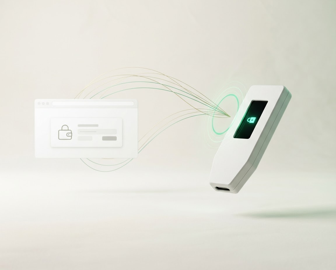 A hardware wallet connected to a browser interface by an emerald signal ring