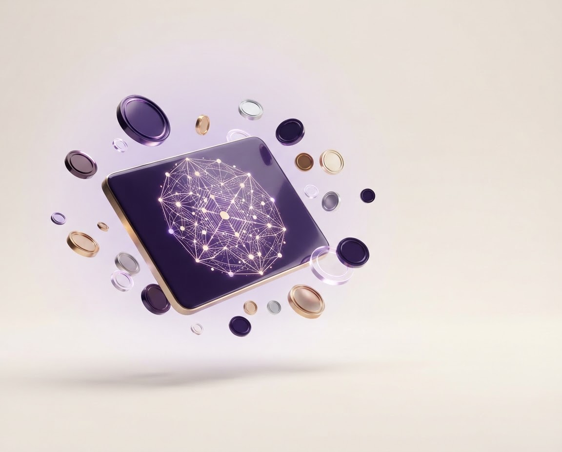 An elegant violet digital wallet illustration surrounded by glowing token shapes