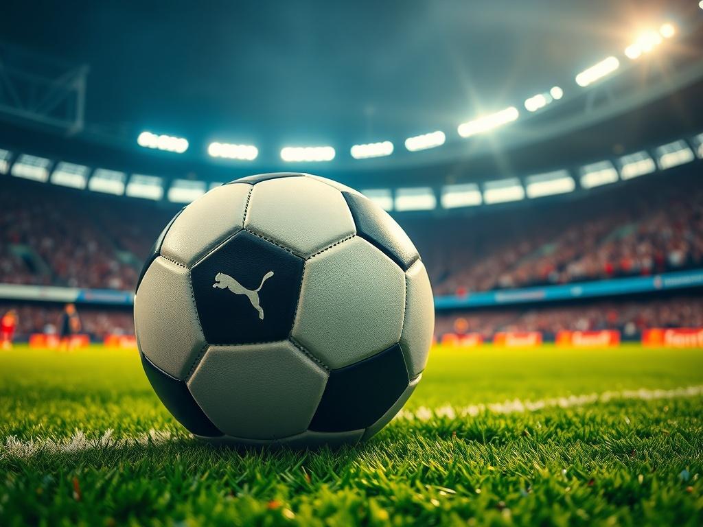A hyper-realistic close-up shot of a football on a lush green pitch, with a blurred stadium filled with cheering fans in the background. The football should be prominently displayed in focus, showcasing its intricate details. The lighting should be vibrant, capturing the energy of a live football match, with the #062767 primary color subtly integrated into the scene.