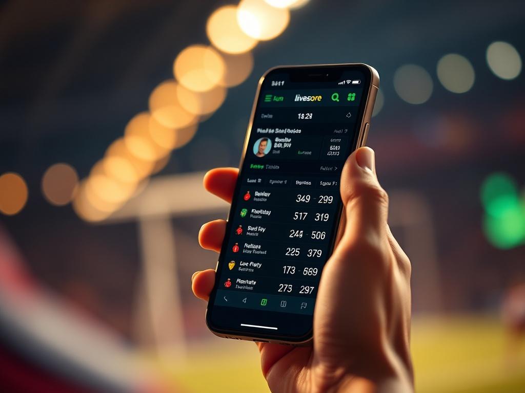 Create a highly realistic high-resolution image that captures the essence of live score matches in sports. The composition should feature a close-up shot of a smartphone held in one hand, displaying an active livescore app interface. The screen should be illuminated, showcasing live match statistics, scores, and possibly player names from various sports such as football or basketball. 

Ensure that the background is softly blurred to maintain focus on the smartphone, highlighting the excitement and engageme