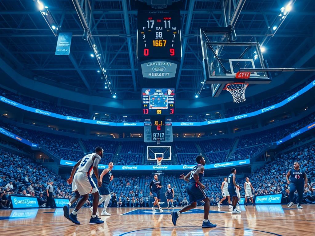 A hyper-realistic close-up shot of a basketball court during a game, with players in action, brightly lit arena, and a scoreboard displaying live scoring. The focus should be on the dynamic movement of the players, capturing the intensity and excitement of a basketball match. The color palette should incorporate shades of blue to align with the #062767 primary color.