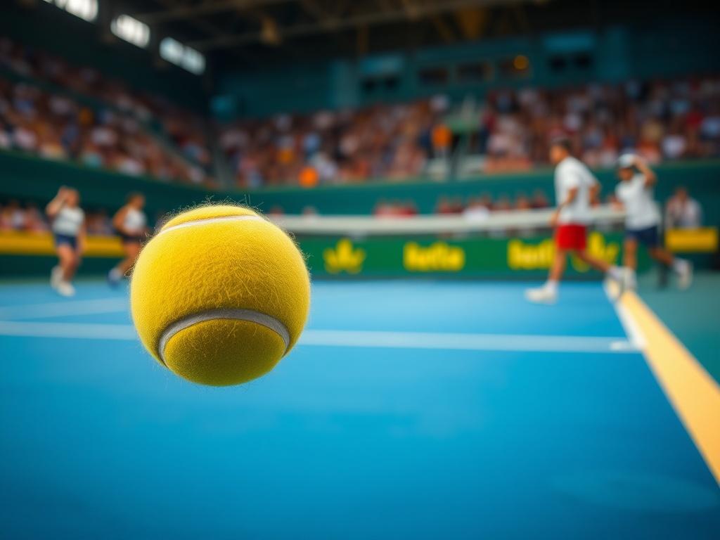 Create a hyper-realistic close-up shot of a tennis ball hitting a racket on a tennis court, capturing the moment of impact. The background should feature a blurred view of a tennis match in action, with players in motion. Use vibrant colors to reflect the energy of a live tournament, and ensure the primary color #062767 is incorporated in the design. The image should have a depth of field effect, focusing on the ball and racket.