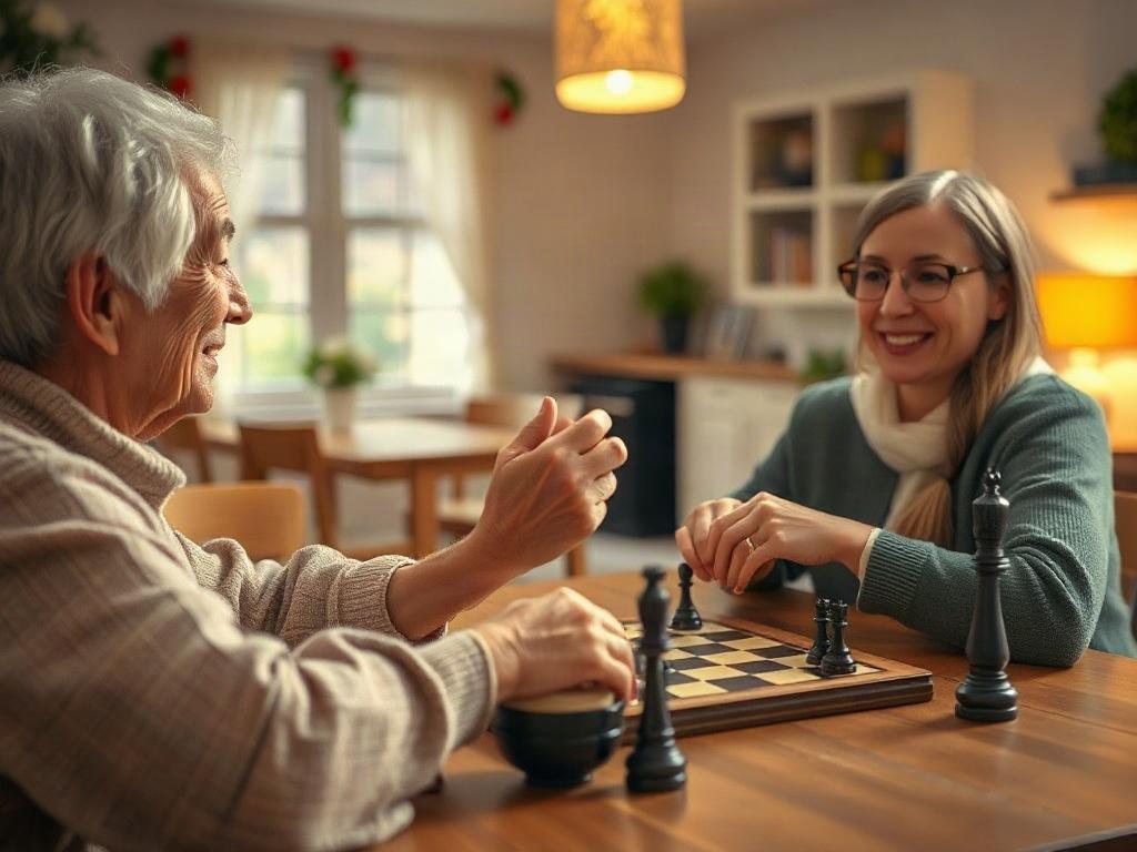 A heartwarming scene of a senior and a companion enjoying a game of chess at a cozy table. The senior looks happy and engaged, while the companion smiles, offering encouragement. The room has warm lighting with cheerful decorations, creating a welcoming atmosphere that highlights companionship and connection.
