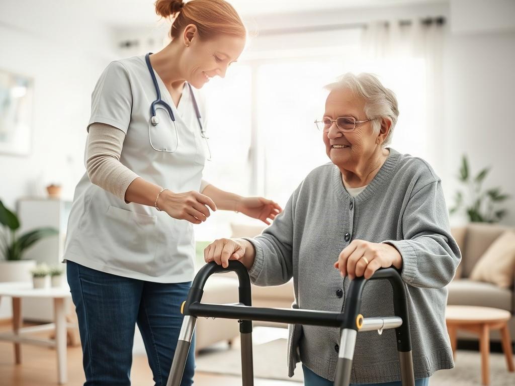 A close-up shot of a senior using a walker with the assistance of a caregiver in a bright, open living room. The caregiver is gently guiding the senior, who looks determined and focused on moving forward. The background features sunlight streaming through a window, creating a hopeful and positive ambiance.