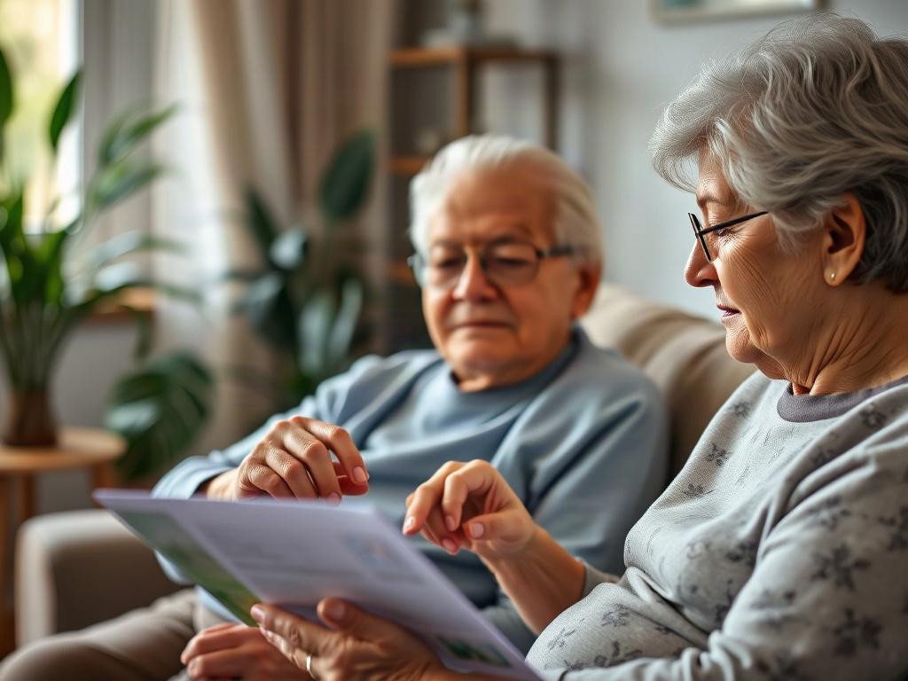 A close-up shot of an elderly person sitting with a caregiver, discussing a personalized care plan. The caregiver is pointing to a document, while the elderly person looks engaged and thoughtful. The background is softly blurred, showcasing a warm and inviting home environment with plants and natural light, emphasizing comfort and care.