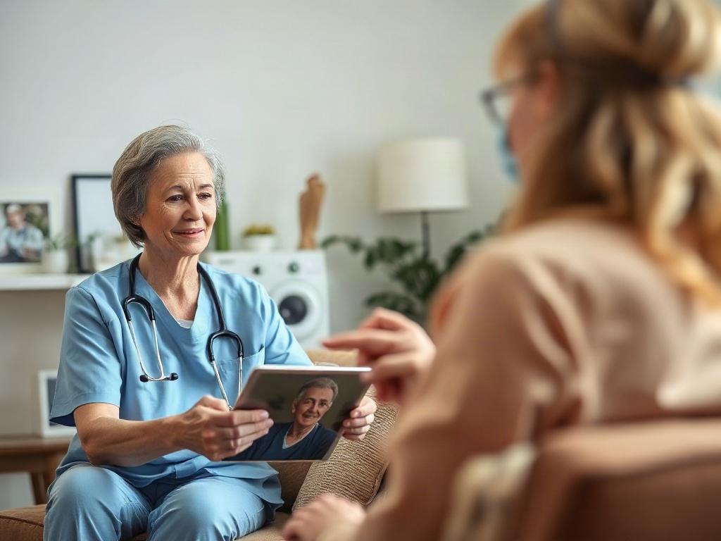 A close-up shot of a caregiver on a video call with a family member, discussing the progress of the client. The setting should be comfortable and homely, showing the caregiver's dedication to maintaining strong communication and transparency with families.