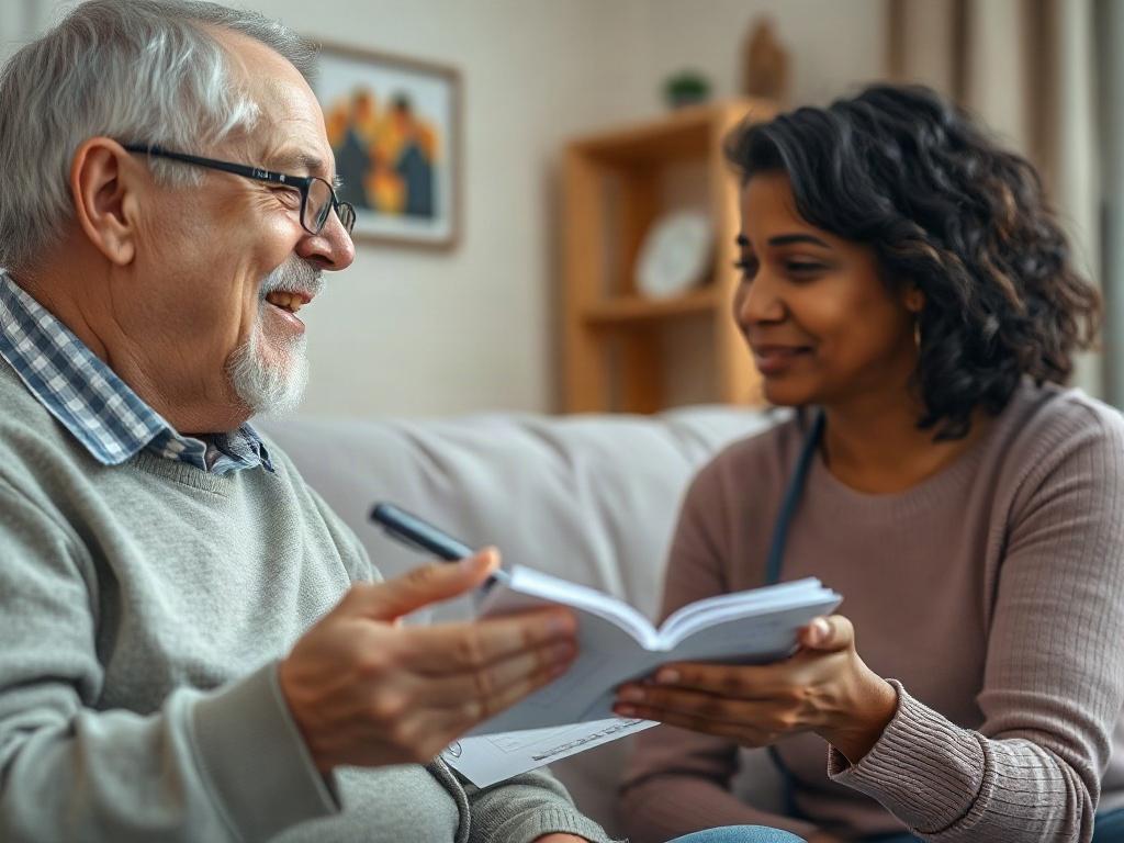 A close-up shot of a compassionate caregiver interacting with an elderly person in a cozy living room, showcasing a warm and supportive atmosphere. The caregiver is listening attentively while taking notes, emphasizing the importance of personal connection in care assessments. The background should be softly lit to create a welcoming environment.