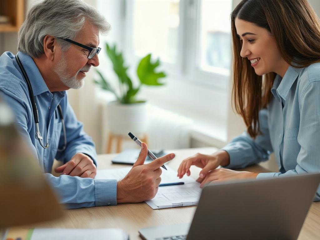 A close-up shot of a caregiver and a family member discussing a care plan over a table filled with documents and a laptop. The scene should reflect collaboration, with both individuals engaged in a thoughtful conversation, showcasing a supportive atmosphere that values input from family.