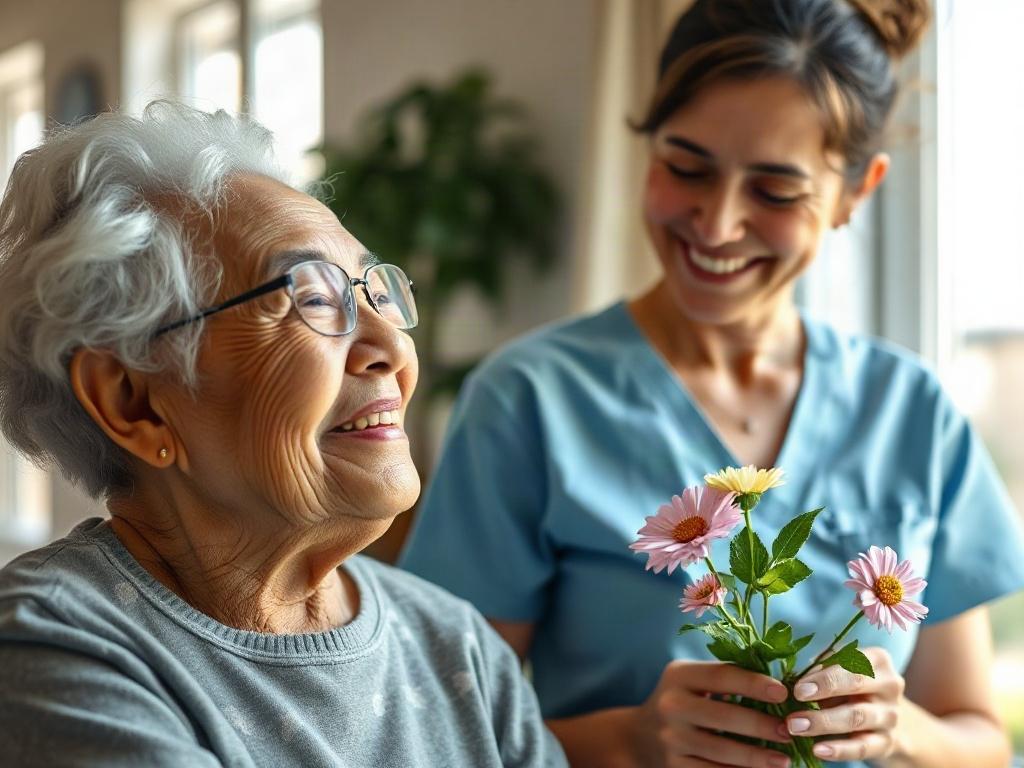 A close-up shot of a smiling caregiver greeting a senior client at their home. The caregiver is holding a small bouquet of flowers, symbolizing warmth and friendliness. The room is bright and inviting, reflecting a sense of home and care.