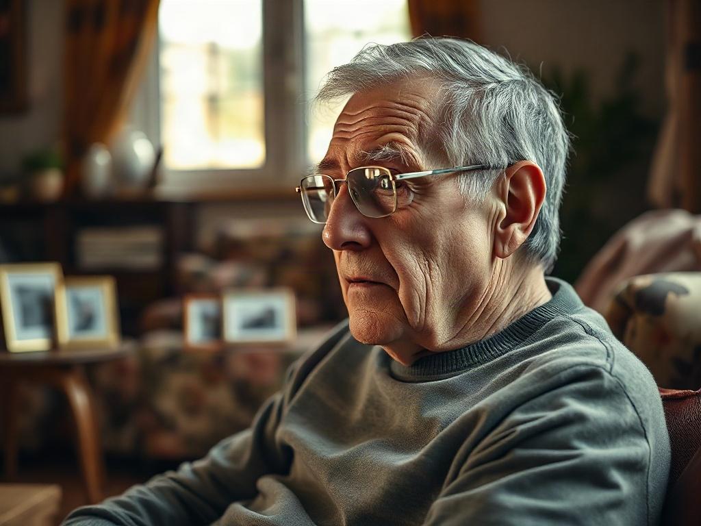 Create a realistic, high-resolution photo focusing on an elderly man sitting in a cozy living room, expressing a thoughtful yet concerned look on his face as he gazes out of a window. He should appear to be in his late 70s, with gray hair and glasses, conveying a sense of vulnerability and contemplation. 

The composition should be simple and clear, featuring the man as the single subject, prominently positioned in the foreground while occupying about two-thirds of the image. The background should reveal a warm and inviting living space, with soft, natural light filtering through the window, illuminating his face and creating a gentle glow.

In the background, include a few personal items, such as framed family photos on a nearby table, a comfortable armchair, and a floral-patterned couch, which adds context to his life and hints at his struggles in accessing home care services. The color palette should be warm and inviting, with shades of brown, green, and soft pastels to evoke a sense of comfort and nostalgia. 

Overall, aim for a heartwarming yet reflective image that captures the essence of the challenges seniors face in navigating home care services, while instilling empathy and understanding in the viewer.