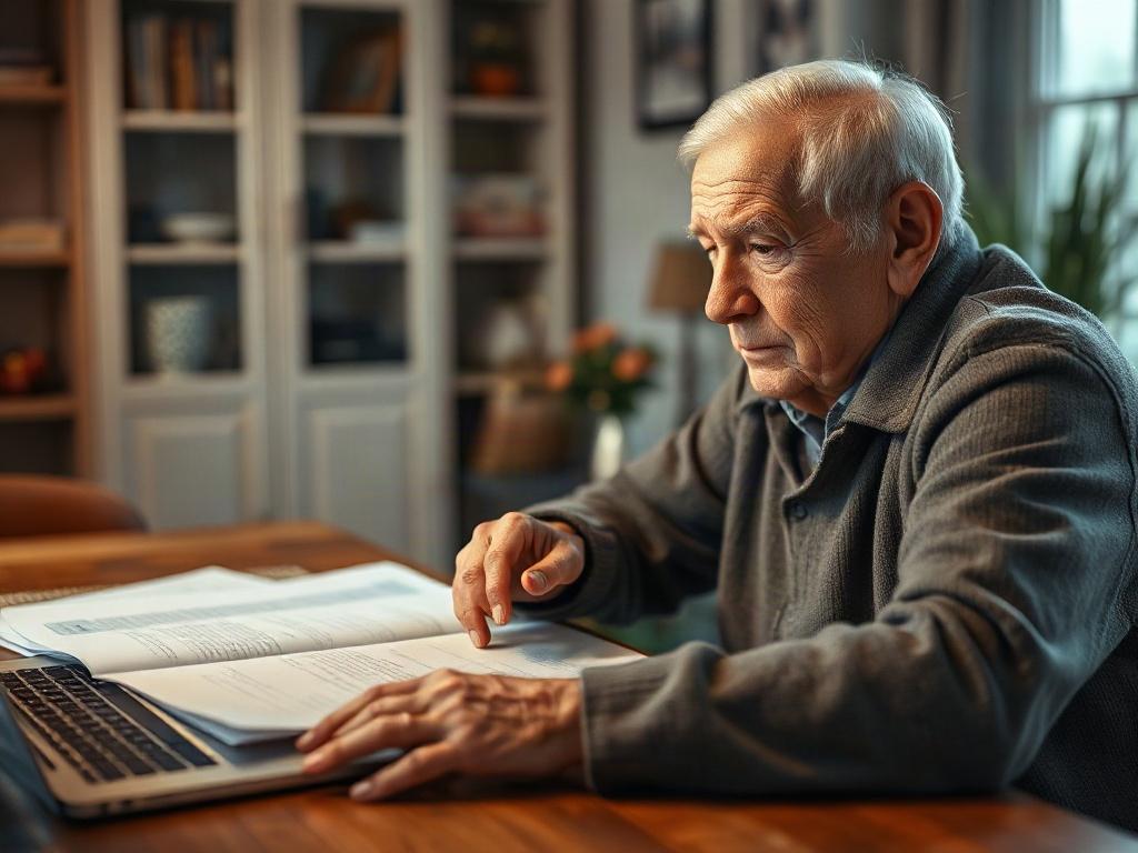 A close-up shot of an elderly person with a thoughtful expression, sitting at a table with paperwork and a laptop open in front of them, surrounded by a cozy and warm home environment. The lighting is soft, creating a welcoming atmosphere, with a focus on the person's face and hands as they engage in careful consideration of their care options.