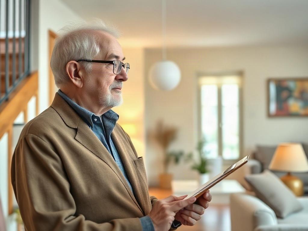 A close-up shot of a senior person inspecting a home environment, looking at areas such as stairs and bathrooms with a clipboard in hand. The background features a well-lit, organized living space, emphasizing safety and comfort. The image captures a sense of care and attention to detail as the individual assesses their surroundings.