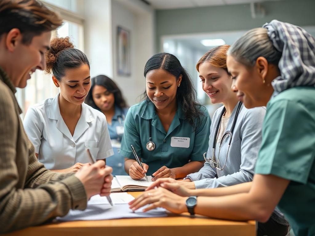 A close-up shot of a diverse group of caregivers engaged in a training workshop, participating in hands-on activities with care equipment. The setting is bright and inviting, with training materials visible, conveying a sense of collaboration and learning. The image captures the enthusiasm and commitment of participants as they enhance their caregiving skills.