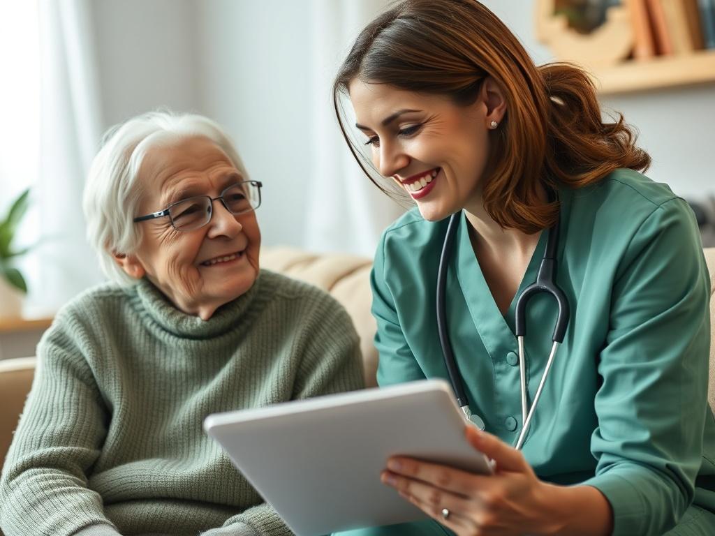 A close-up shot of a caring caregiver discussing a personalized care plan with an elderly individual in a cozy living room setting. The caregiver, a middle-aged woman, is smiling and engaging warmly with the elderly person, who appears content and attentive. The background features soft lighting and comfortable furniture, creating a welcoming atmosphere. The primary color theme is green, reflecting the brand's identity.