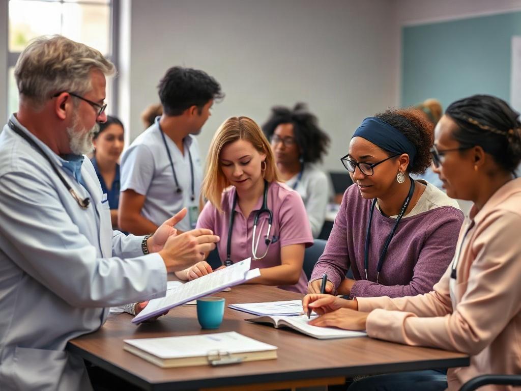 A diverse group of caregivers engaged in a training workshop, actively participating in discussions and hands-on activities. The setting is a well-lit classroom with instructional materials visible, creating an atmosphere of learning and collaboration.