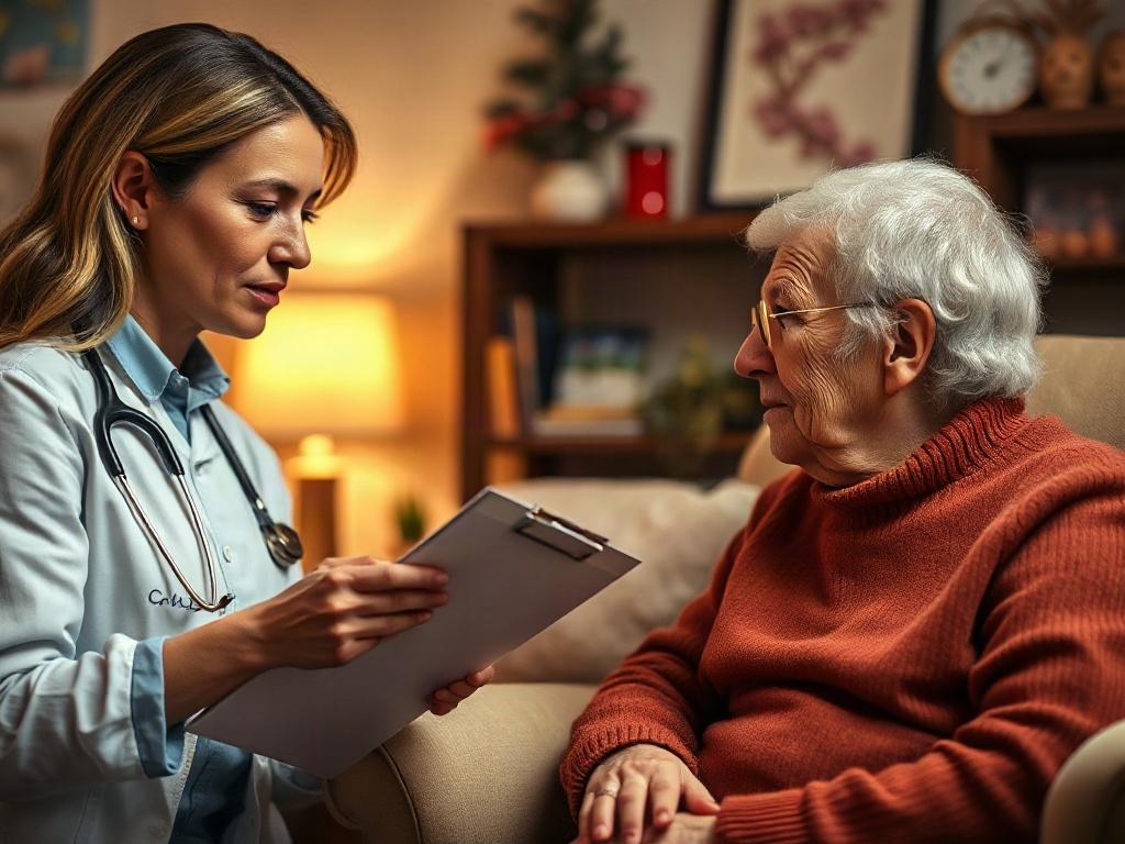 A caring healthcare professional conducting a personalized care assessment with a senior in a cozy home setting. The professional is showing a clipboard with notes, while the senior appears engaged and thoughtful. The background includes warm lighting and homey decorations to reflect comfort and support.