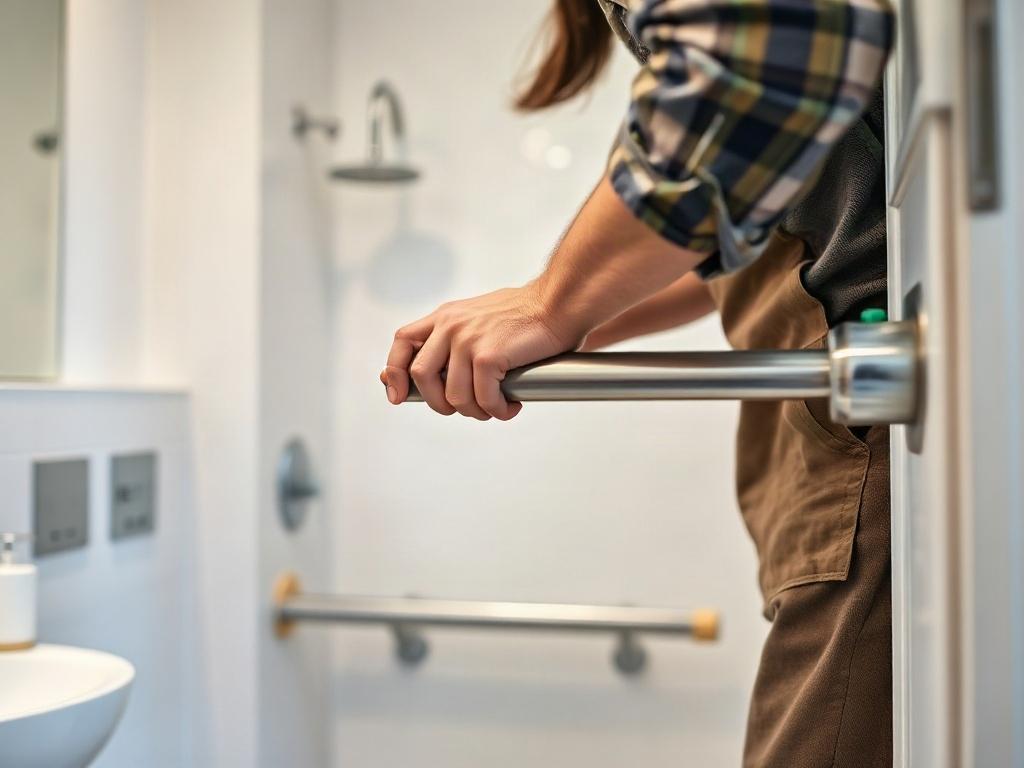 A skilled contractor installing grab bars in a bathroom for a senior. The focus is on the contractor's hands as they carefully secure the bars. The bathroom is bright, showcasing modern fixtures and a clean, inviting atmosphere that represents safety and accessibility.