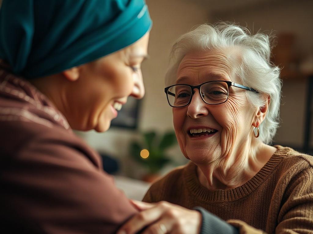A close-up shot of a smiling elderly person receiving assistance from a friendly community support worker. The background features a cozy home setting with soft, warm lighting, depicting a sense of comfort and care. The image should be hyper-realistic, focusing on the interaction between the two individuals, capturing the essence of local support services.