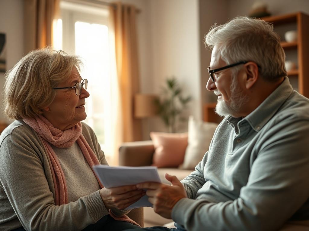 A caring coordinator discussing care plans with a senior in a cozy living room setting, natural light pouring in through a window, soft furnishings, and a warm atmosphere.