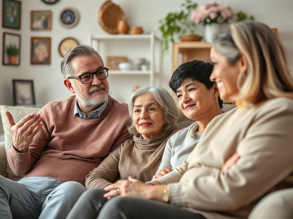 A compassionate advocate sitting with a family in their living room, discussing home care options. The family looks relieved and engaged, showcasing the advocate's supportive role. The background should be warm and inviting, with family memorabilia and comfortable seating.