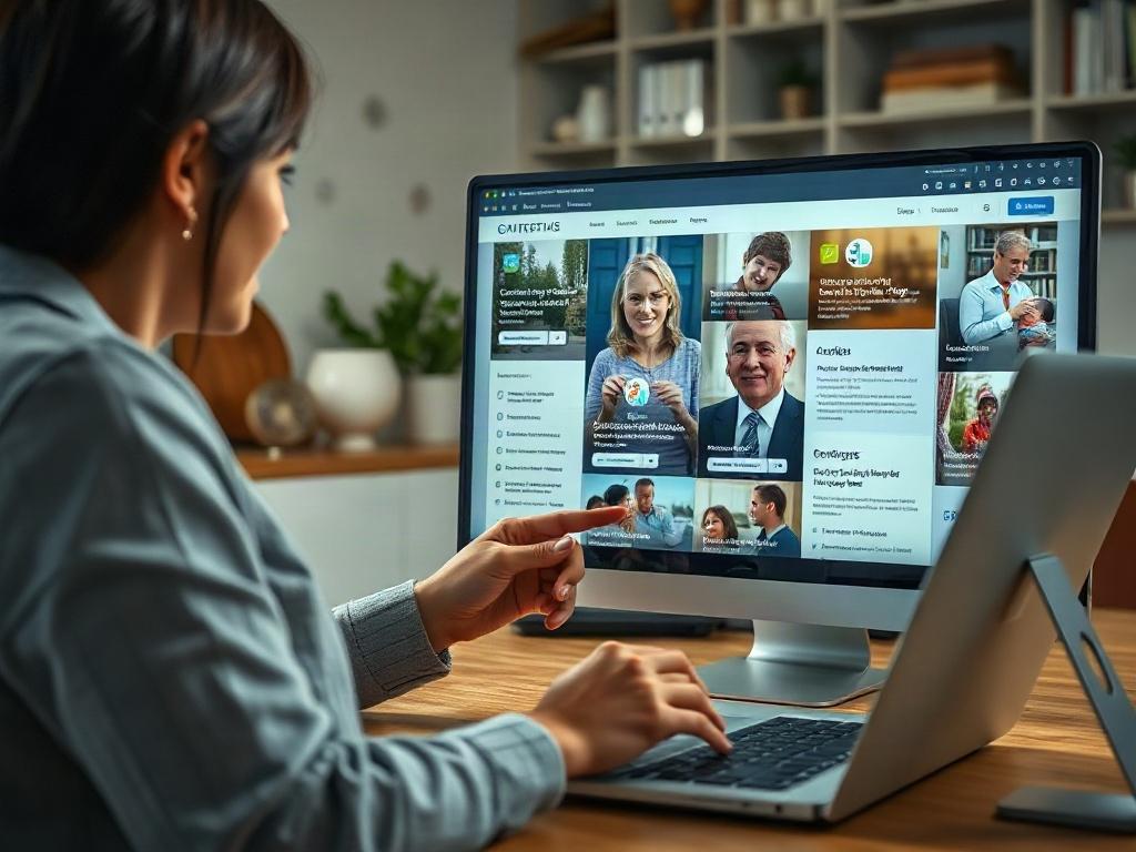 An informative scene of a caregiver assisting a family in finding resources online. The screen displays community resource websites, and the caregiver points to helpful information while the family looks engaged. The background should feel collaborative and supportive, with a home office atmosphere.