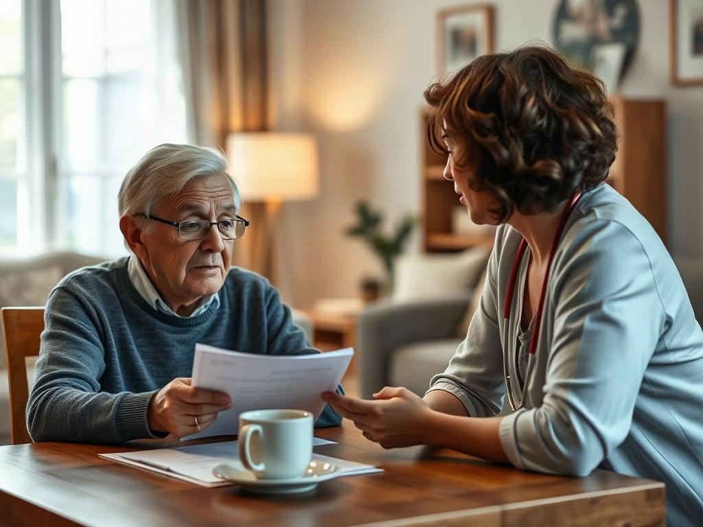 A serene and comforting scene of an elderly person sitting at a table with a caregiver, discussing a personalized care plan. The focus is on their engaged conversation, with documents and a cup of tea on the table. The background should be a cozy, well-lit living room, emphasizing warmth and care.