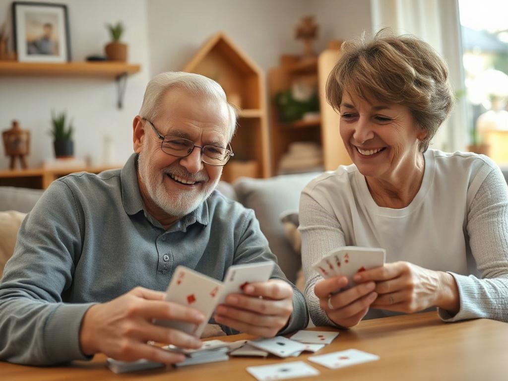 A close-up shot of a senior enjoying a game of cards with a caregiver, both smiling and engaged in the activity. The background should feature a cozy living room, filled with personal touches that indicate warmth and familiarity.