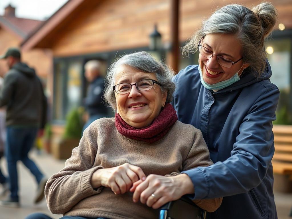A heartwarming image of a person with a disability engaging in a community activity, supported by a caregiver. The background should depict a vibrant community center or park, emphasizing inclusivity and engagement. The focus should be on the positive interaction and smiles between the caregiver and the individual.