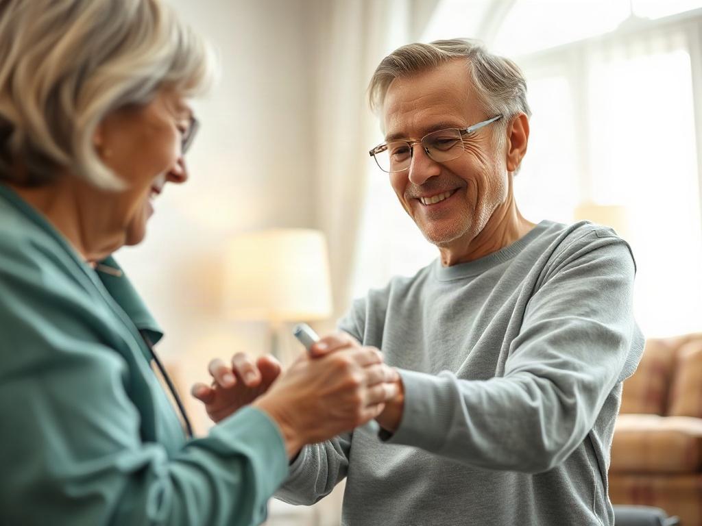 A close-up shot of a caregiver gently assisting an elderly person with personal care, showcasing a warm and caring environment. The background should be a softly lit room, emphasizing comfort and safety. The caregiver is smiling and engaging with the elderly person, who looks relaxed and at ease.
