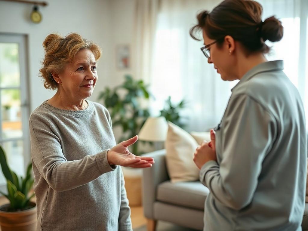A close-up shot of a caregiver conducting a home safety assessment in a well-lit living room. The caregiver is pointing out safety modifications, such as grab bars and clear pathways, while engaging with a concerned family member. The background features a cozy home atmosphere, with plants and soft furnishings, highlighting a safe living space.