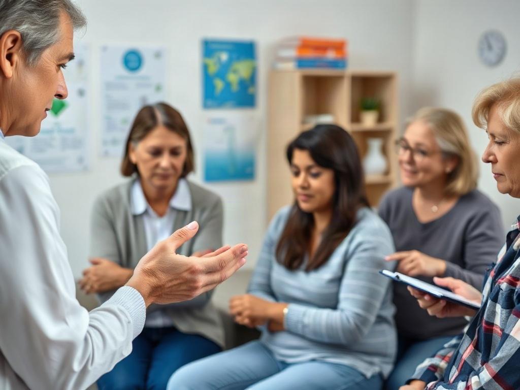 A close-up shot of a caregiver training session in progress, featuring a small group of family caregivers actively participating and learning. The instructor demonstrates a personal care technique, while attendees engage with questions and take notes. The background showcases a comfortable training space with educational materials and supportive resources.