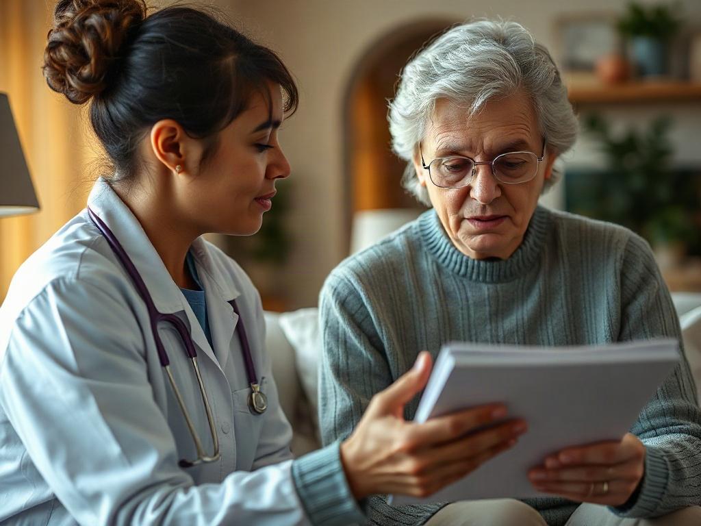 A close-up shot of a compassionate caregiver reviewing a personalized care plan with a senior individual. The caregiver is attentively listening, showcasing empathy and understanding. The background should be a warm, inviting home setting, with soft lighting and comfortable furnishings to emphasize a nurturing environment.