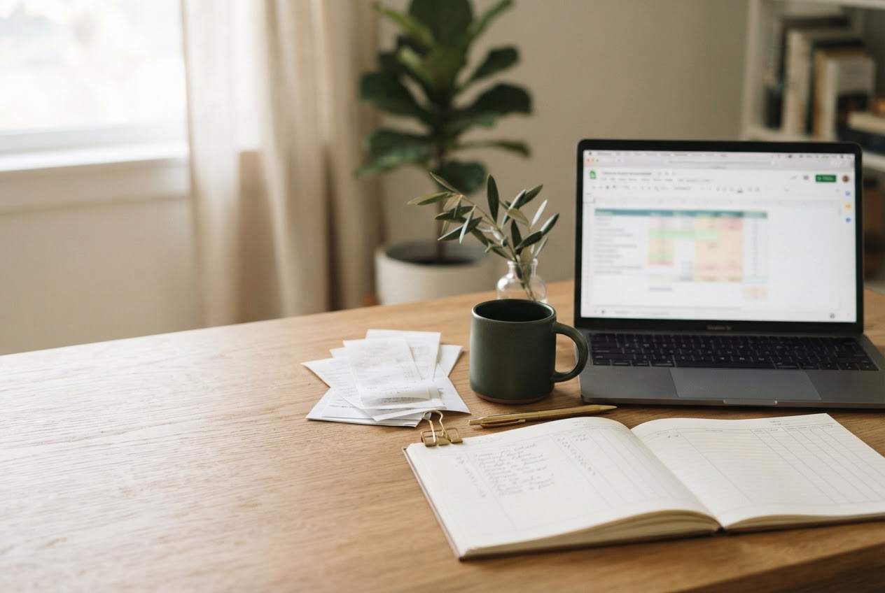 A thoughtfully organized small business workspace with financial records and a laptop