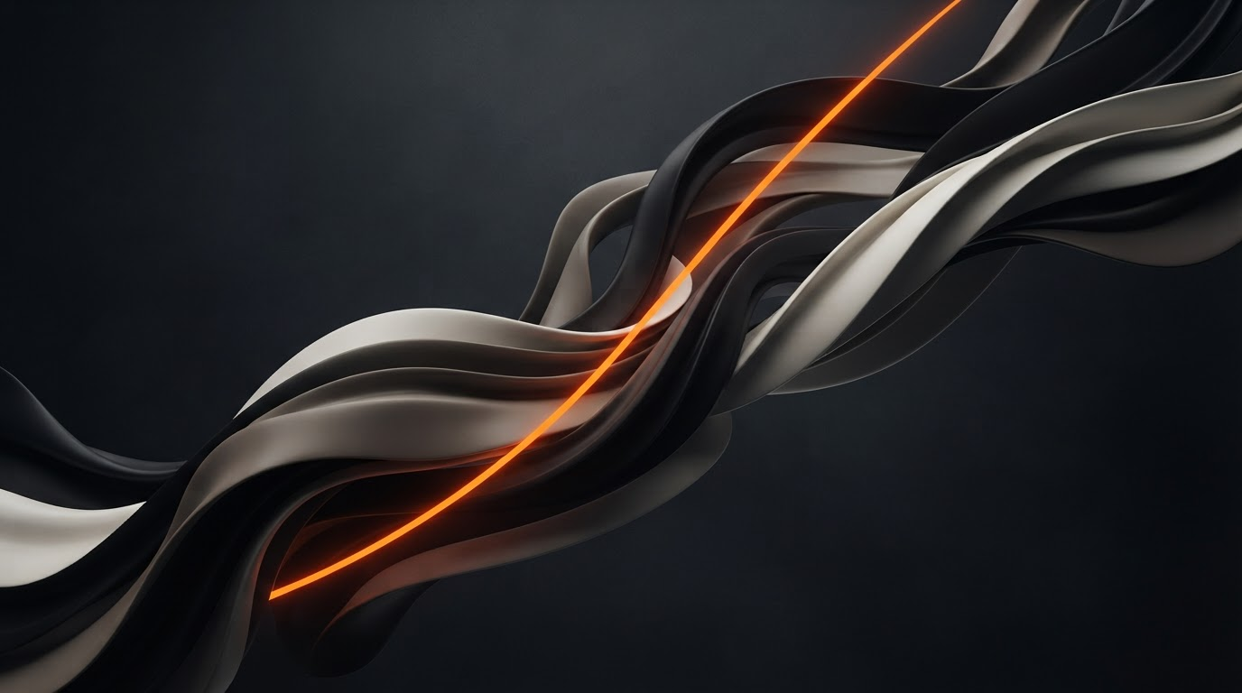 Abstract motion graphic of sweeping fluid forms in black, off-white and vivid orange — FORMA studio visual